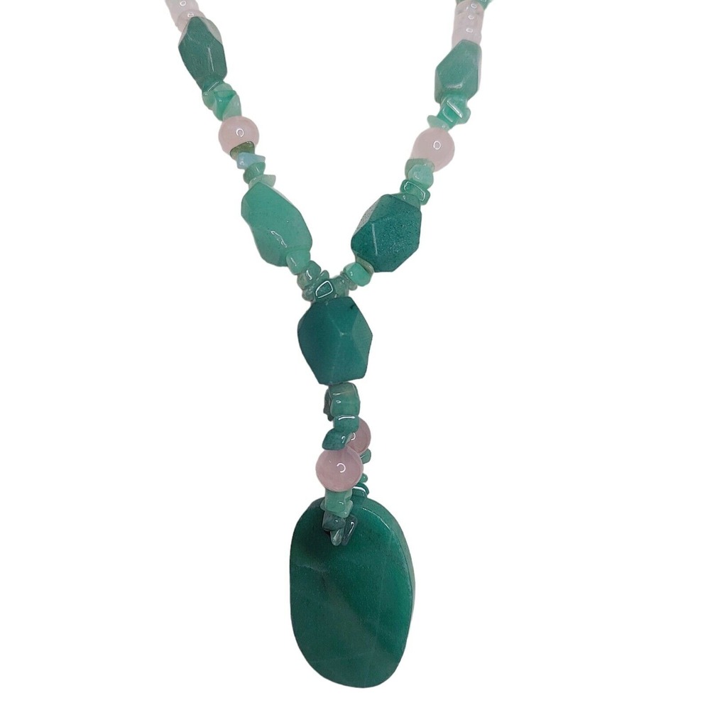 Greenโ Aventurine Pink Quartz Beaded Statement Necklace Boho Long Pendant Stone